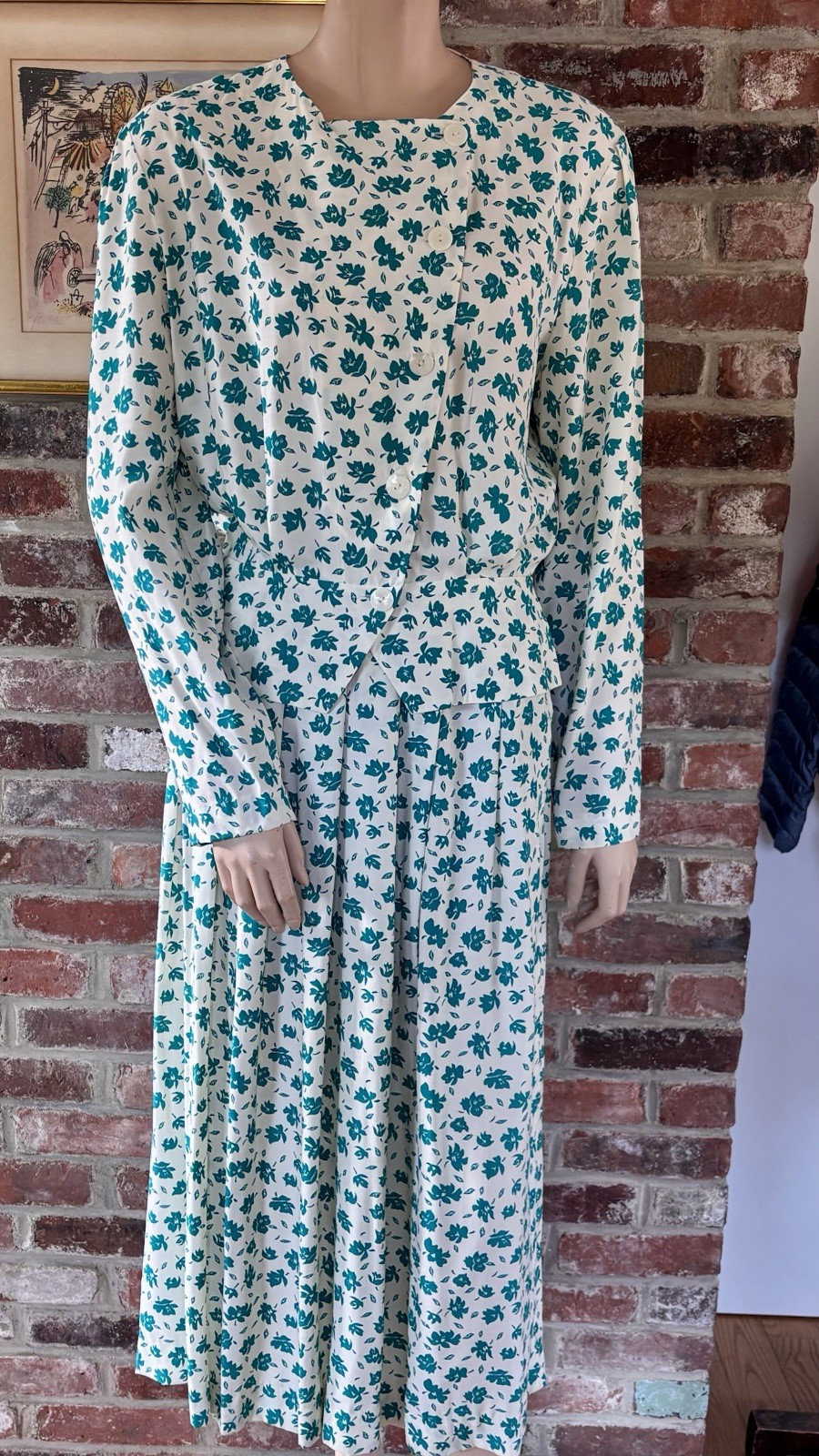 80’s green & white floral matching top and midi skirt