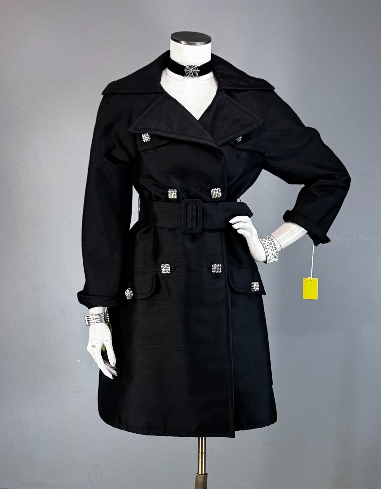Vtg Coat 60s MOD Trench Wool Silk 3D Square Rhinestone Buttons Lasserre NOS NWT