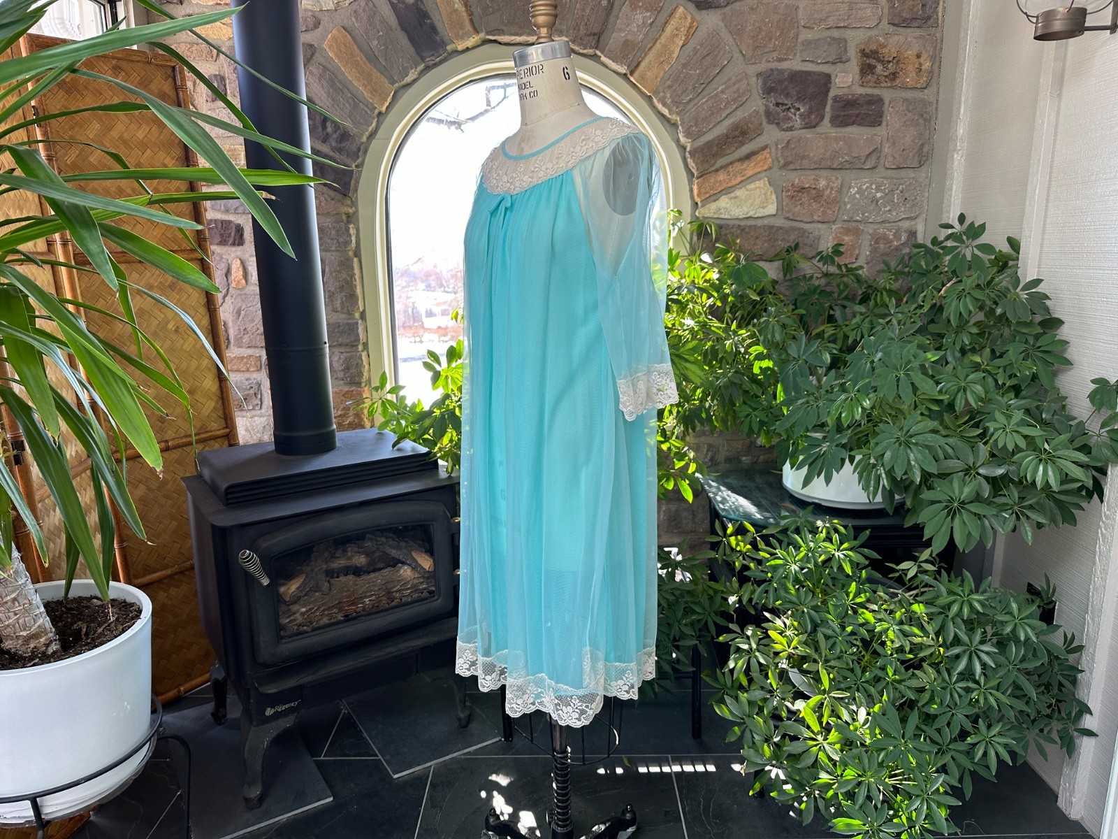 Vintage 1970s Turquoise Blue Nylon and Ivory Lace Nightgown