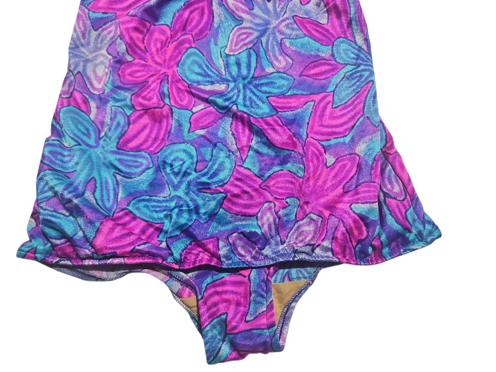 Vtg 90s Maxine Of Hollywood Skirted Swimsuit One Piece Floral Purple Blue Med