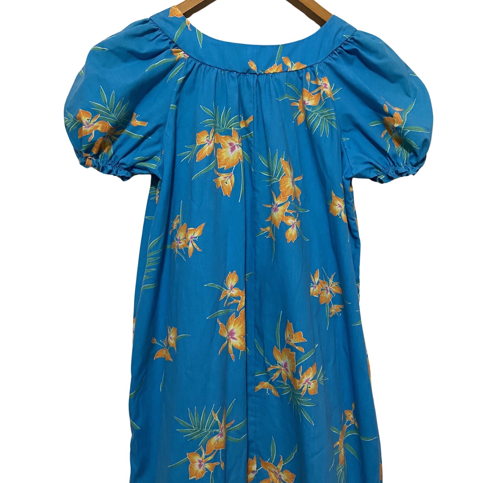 Vintage Nikky Hawaii Floral Dress Puff Sleeves Maxi Ruffle size S blue tiki