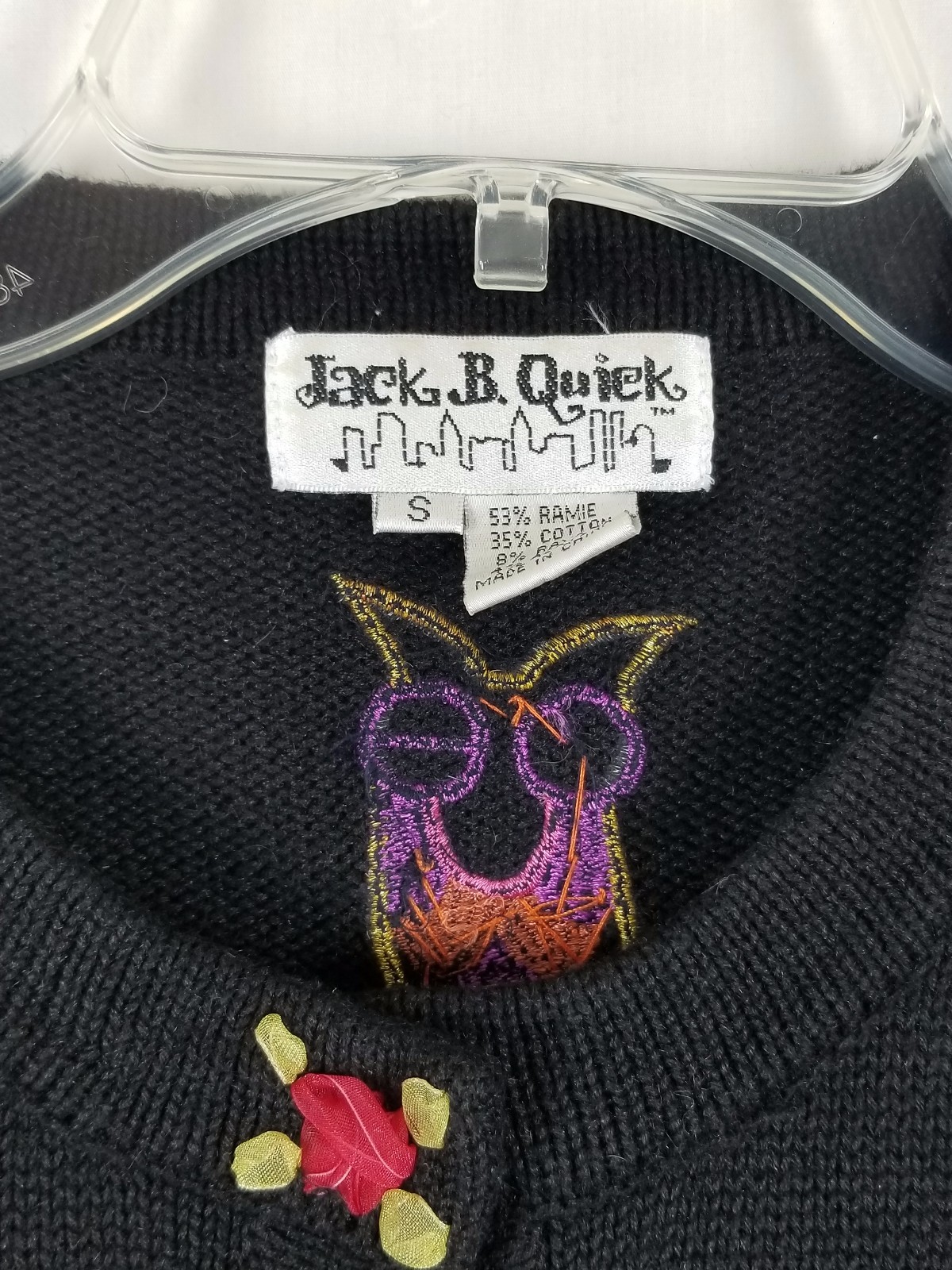 JACK B QUICK Vtg long sleeved black multi-colored Owl beaded design Sweater Sz S