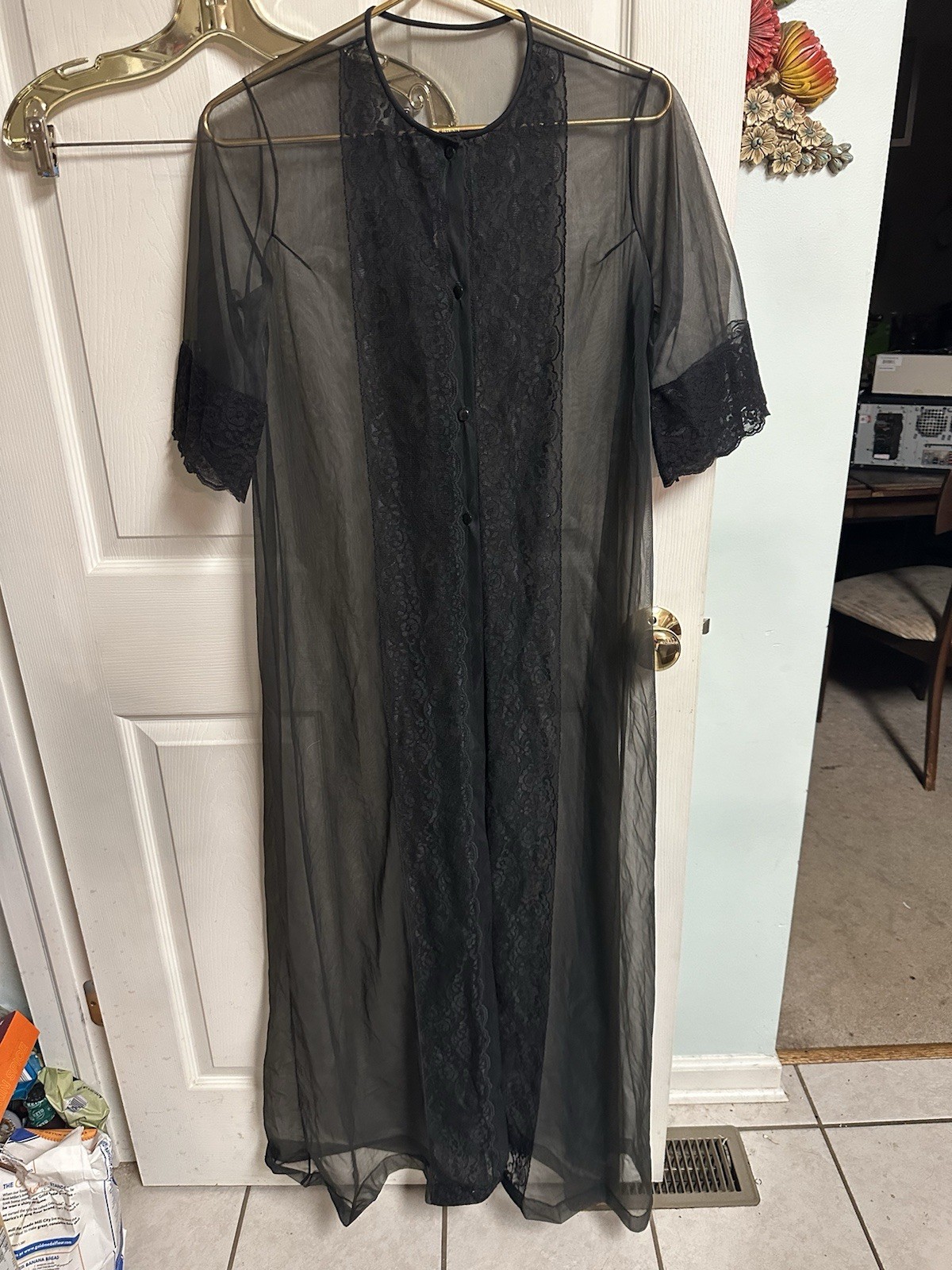 Pinehurst Vtg Lace Trimmed Lingerie Robe Peignoir Sheer 60s 70s Goth Med Nylon