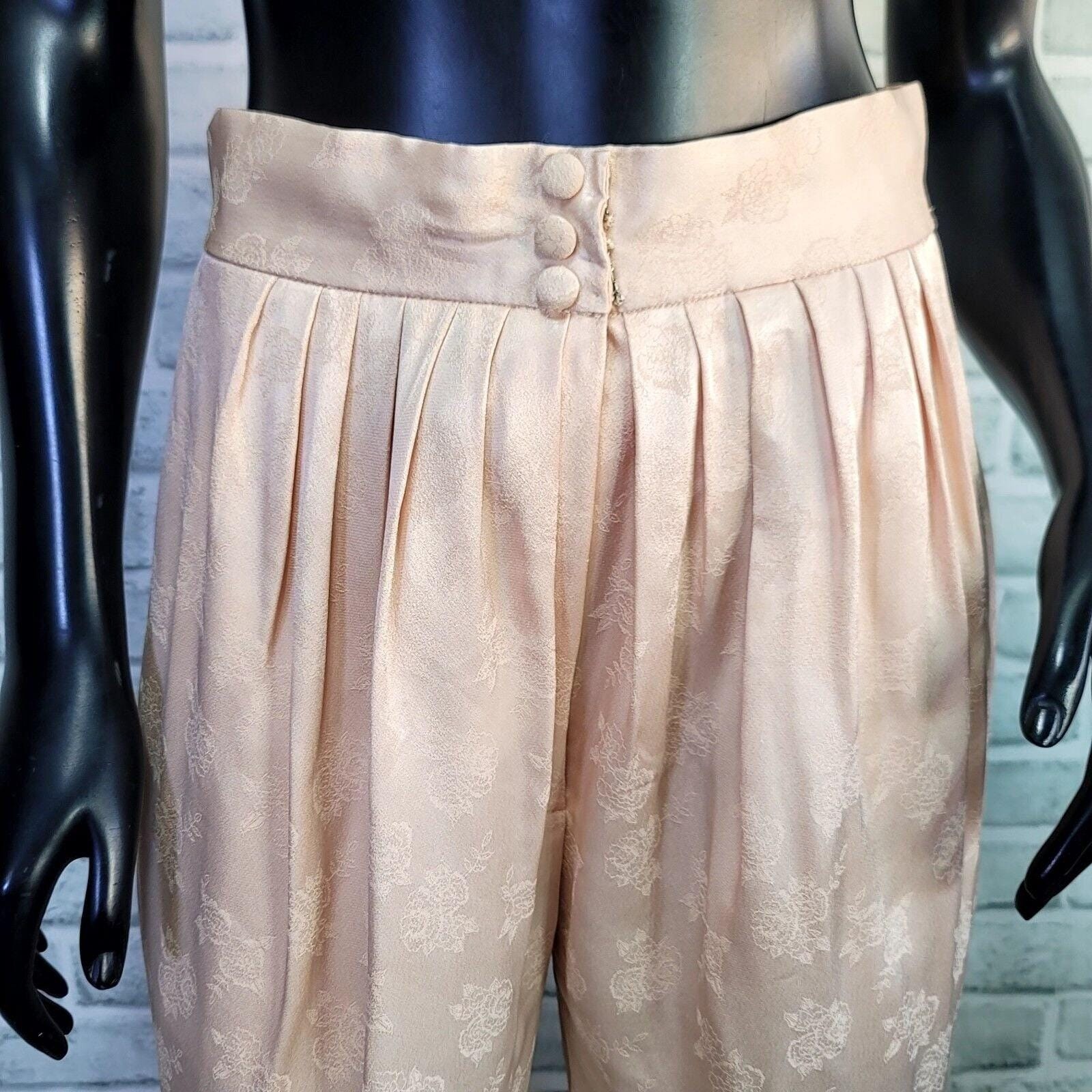 Vintage 80s 90s Blush Satin Brocade Pants High Waist Pleated Tapered Trousers