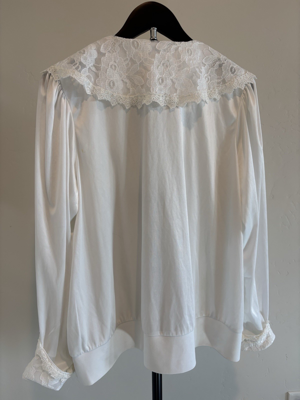 Vintage LeVoy’s White Victorian Lace Yoke Blouse, Polyester, Button Cuffs, XL