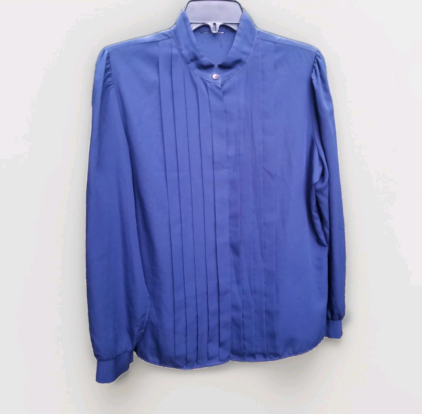 Vintage Womens Blouse Button Up Pleated Front Sz 14 Navy Blue Office Business