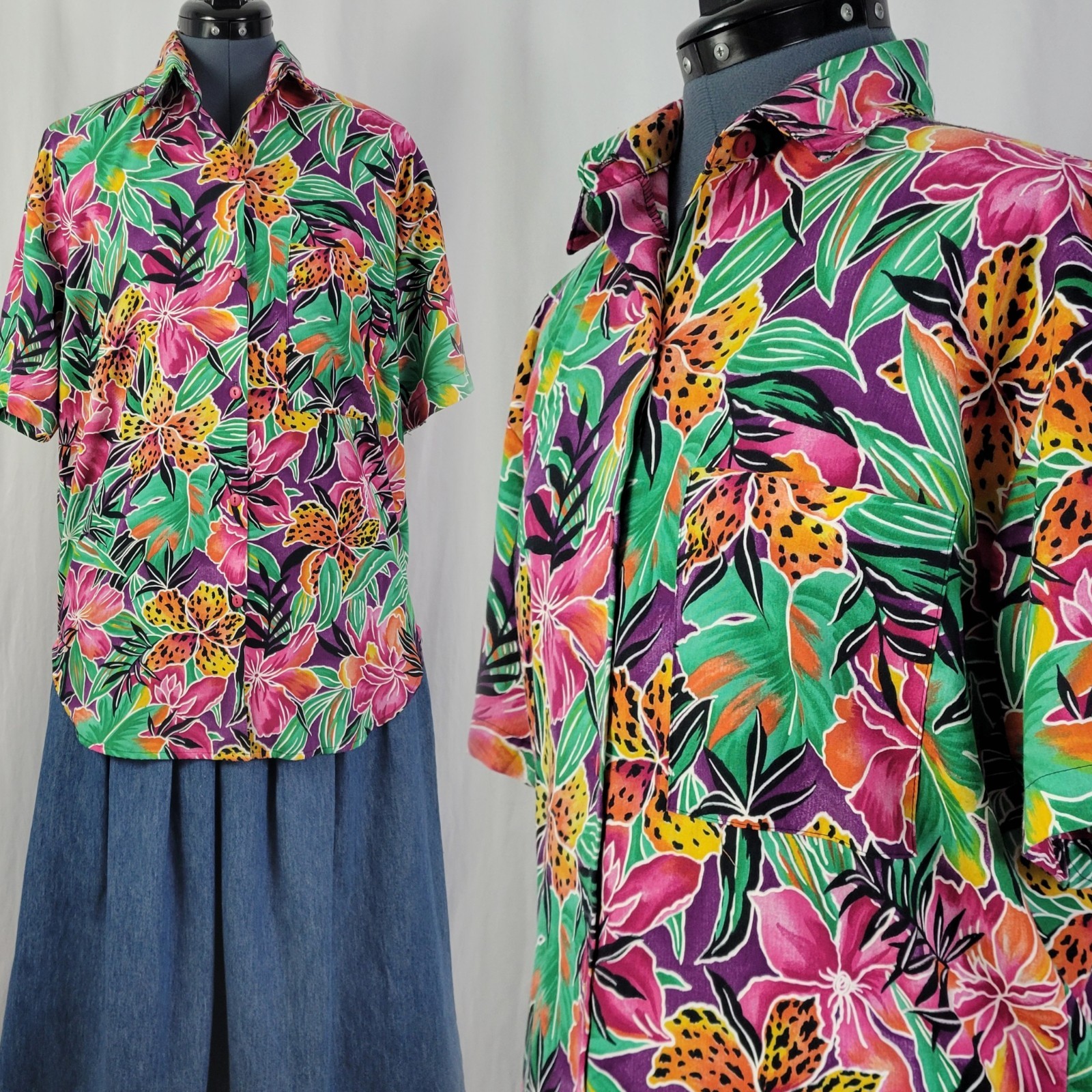 Vintage American Weekend Purp/Pink/Yell/Orange/Green Tropical Floral Top Size M