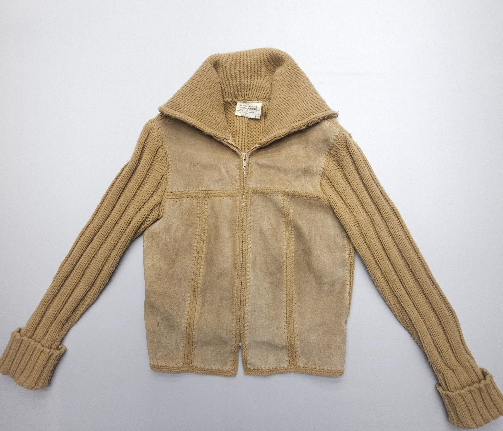 VTG 70s Cowhide Leather Jacket Juniors L / Womens XS Boho Patchwork Western Knit