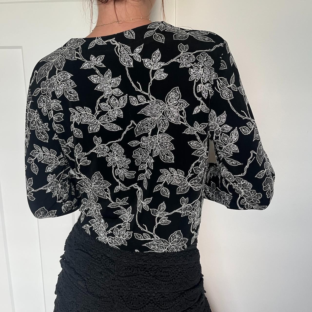 Vintage 90s Ronni Nicole Cardigan Womens Size 8 Black Silver Floral Patterned