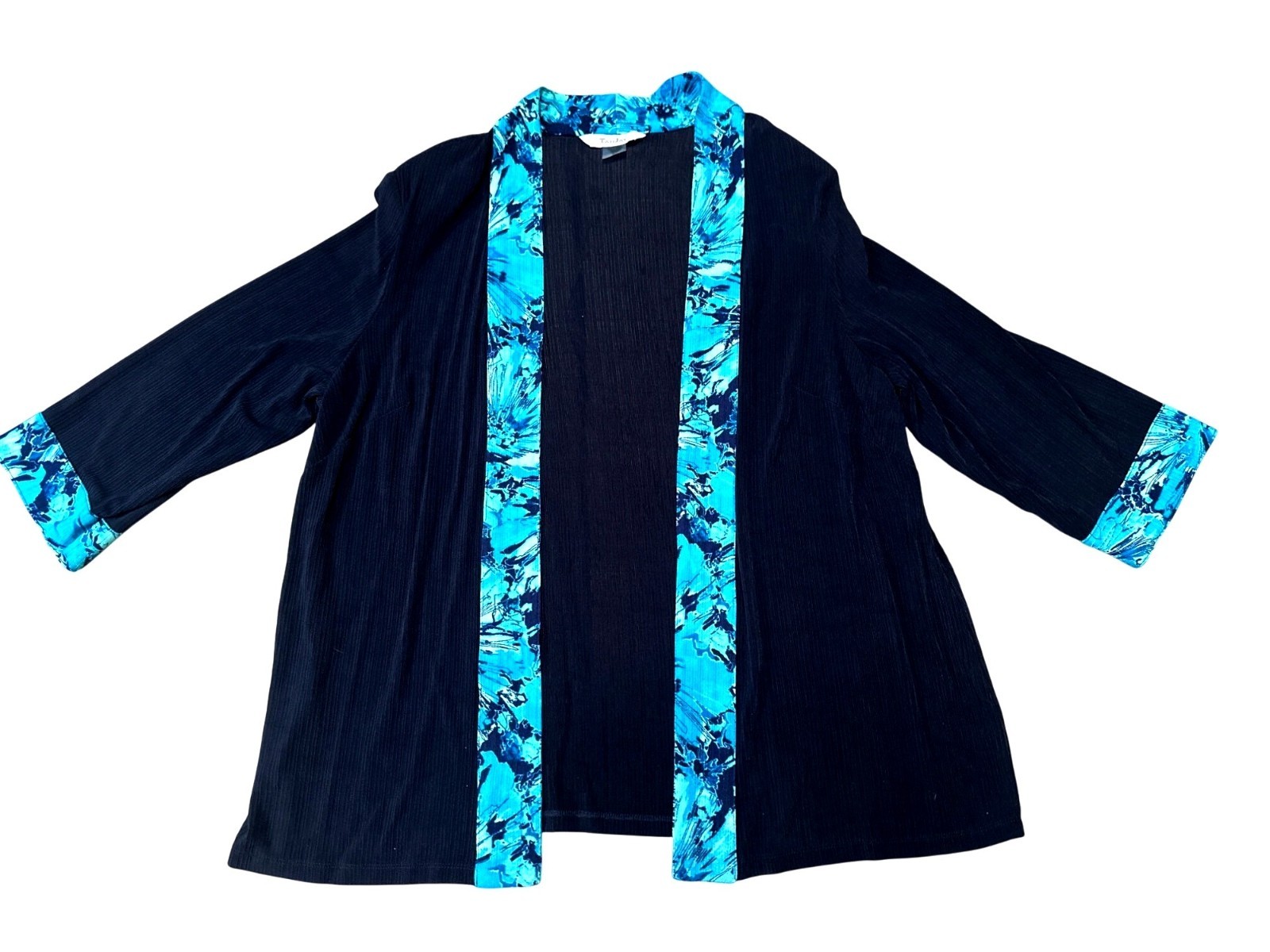 TanJay Size 2X Vintage Black Blue Abstract Trim Jacket Open Front Stretch Travel