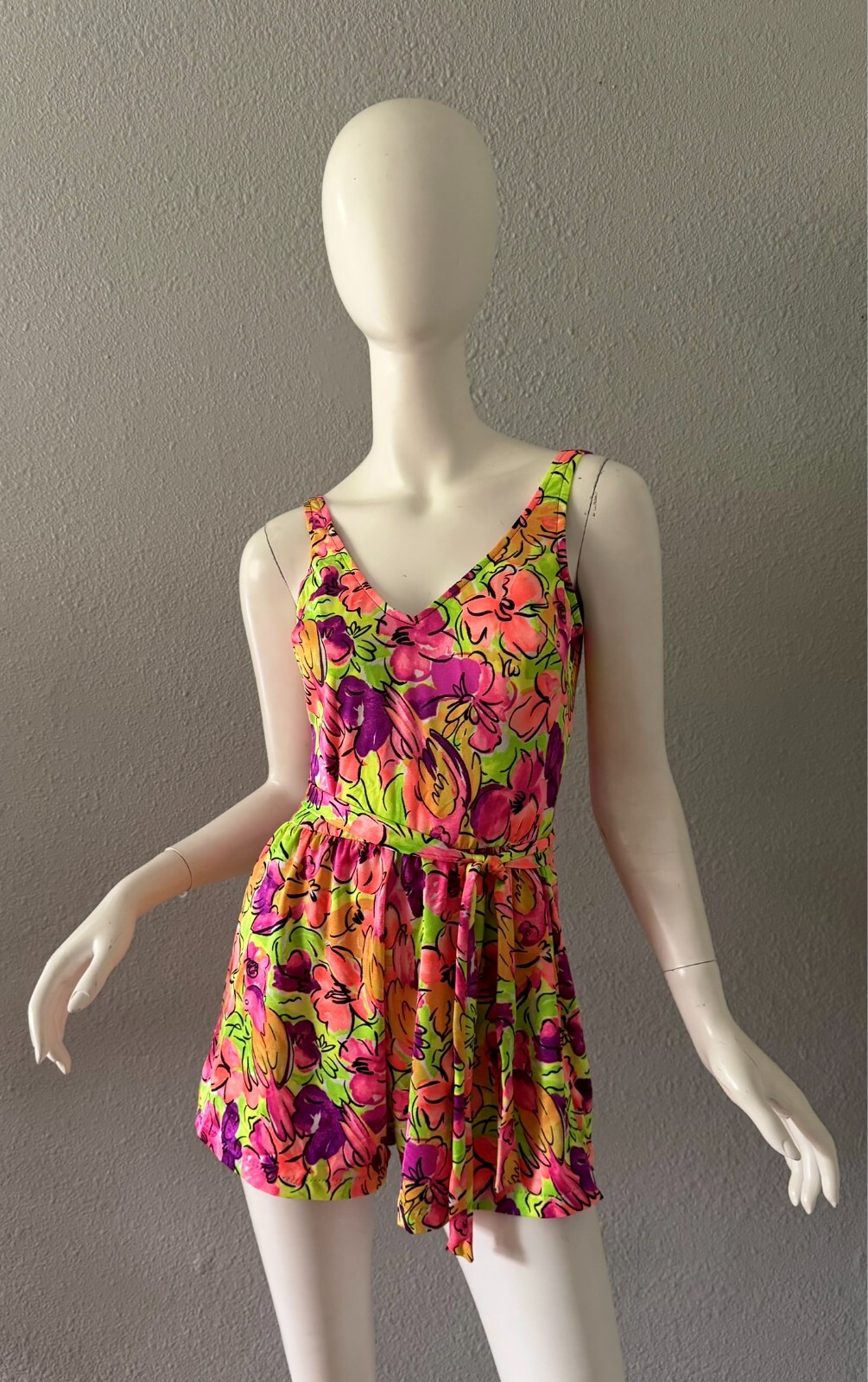 Vintage 80 Neon Colorful Pin Up RETRO Floral Romper Playsuit Swimsuit M