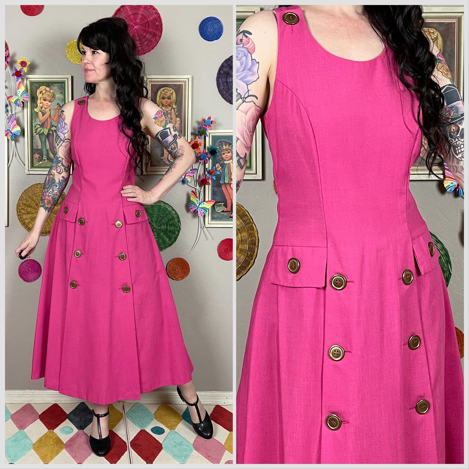 Vintage 1980s Pink Sleeveless Crisscross Back Midi Dress | 30″ Waist