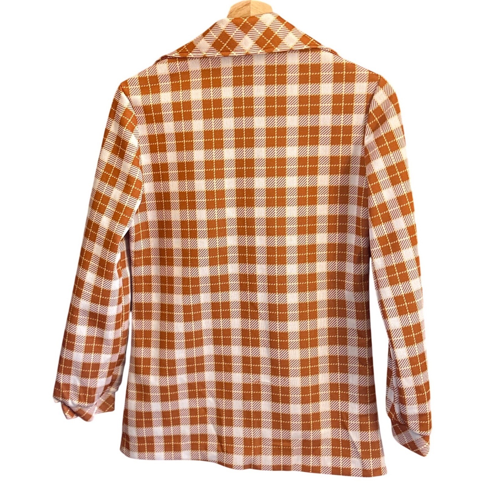 70s Stage 7 Plaid Button Up Shirt Disco Retro Mod Orange White Knit Top Size 8