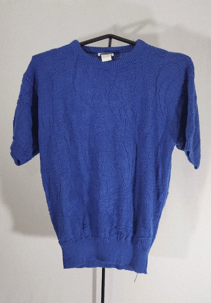 Vintage Cobalt Blue Knit Floral Sweater Alicia Cotton SZ SM