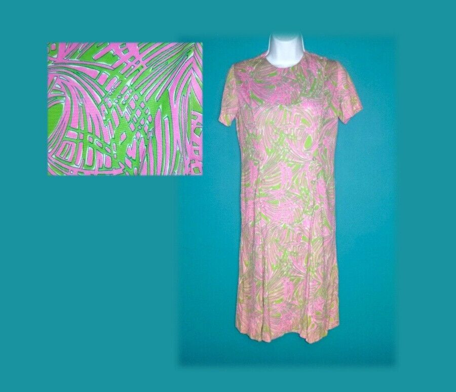 Vtg 60s Lora Lenox Dress BRIGHT Pink Green Foliage Print Poly Jersey Knit Sz M