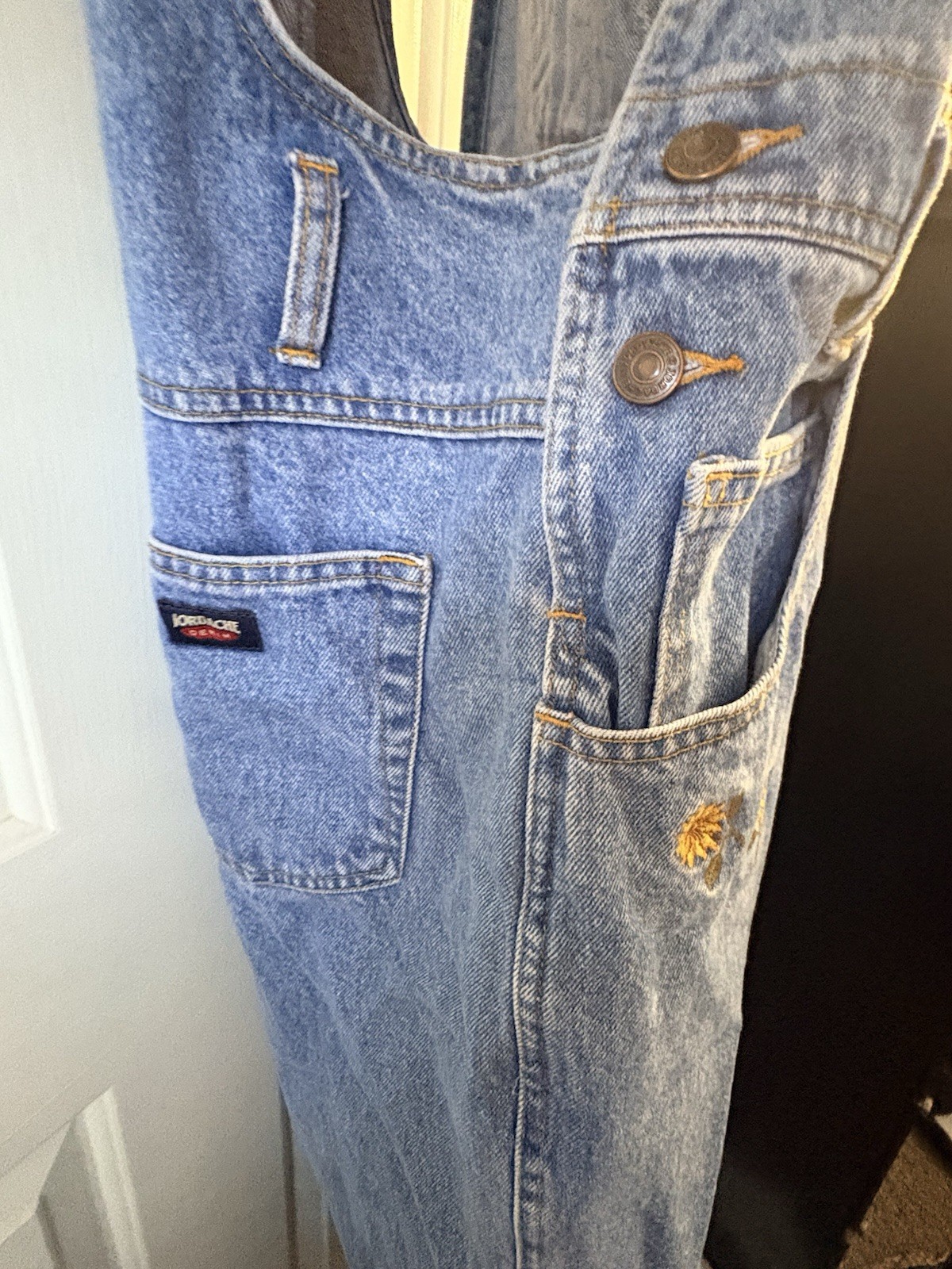 VTG 80s Jordace Bib Overalls Denim Dungarees With Embroidered Flowers Size Medi