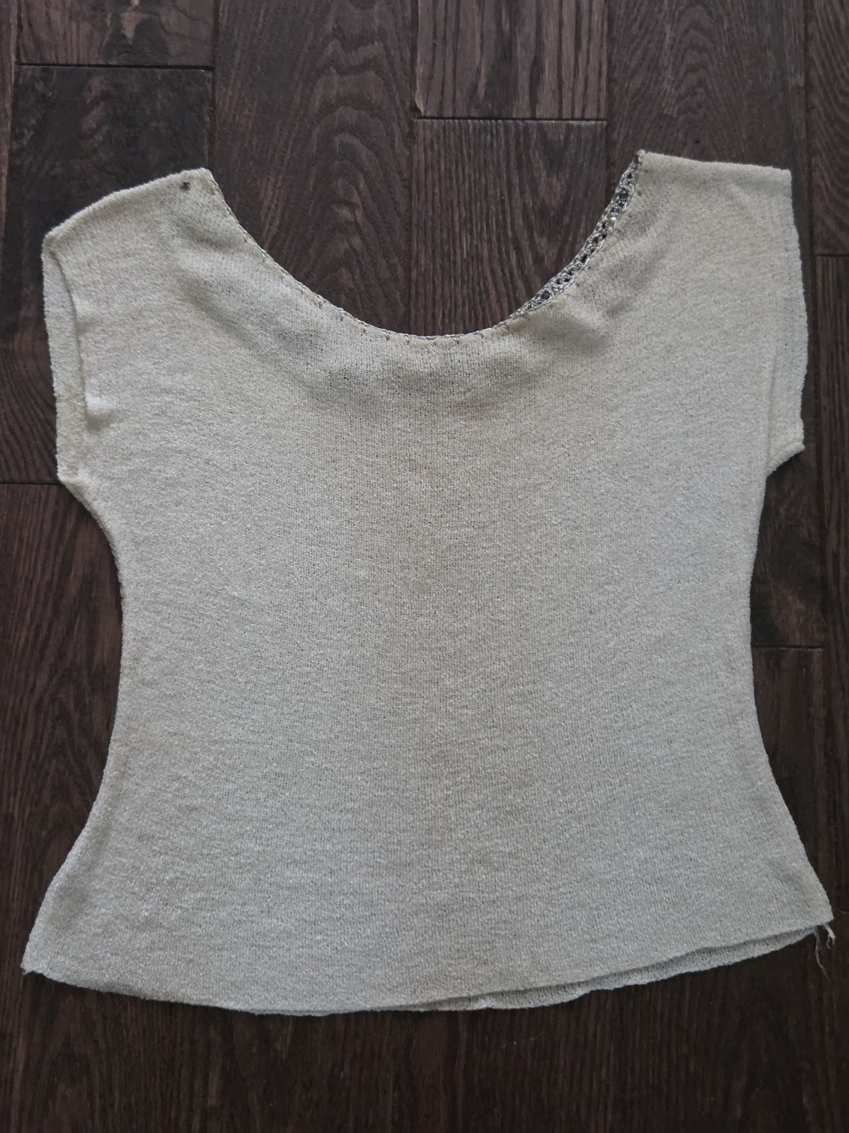 Boepple Creations Silk Knit Top Real Pearl Beaded Neckline Ivory Short Sleeve