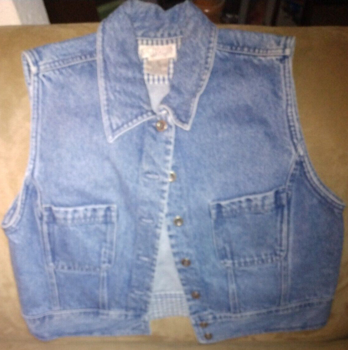 VINTAGE CAMBRIDGE DRY GOODS CDG DENIM JACKET VEST BLUE CHECK TRIM SZ S WOMEN