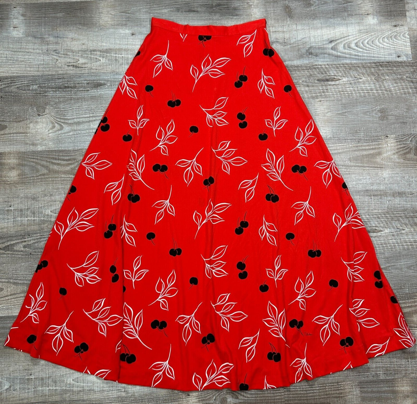 Vintage Miss SHAHEEN Red Black Cherry Print Maxi Skirt Vintage Women’s Size 12