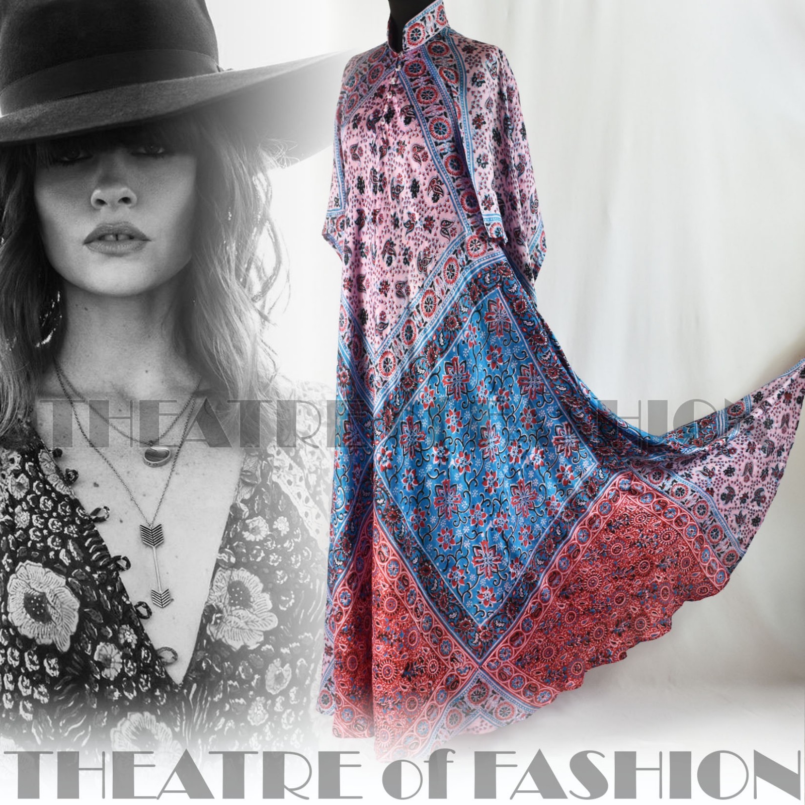 DRESS INDIAN SILK VINTAGE KAFTAN 70s WEDDING BOHO HIPPY-LUXE GODDESS M L XL XXL