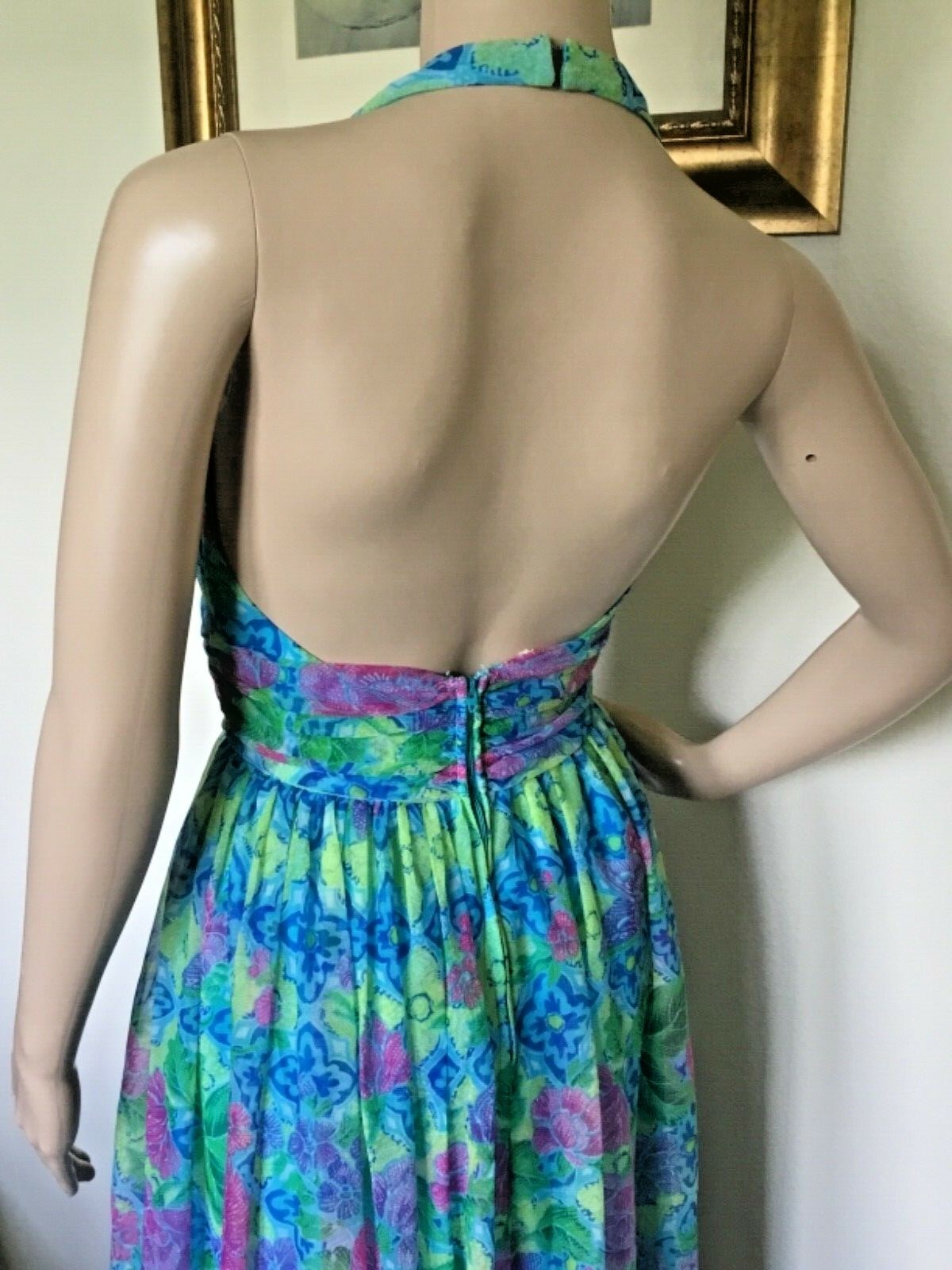 70’s Vintage Blue Neon Yellow/Pink Floral Sexy Halter Top Maxi Dress