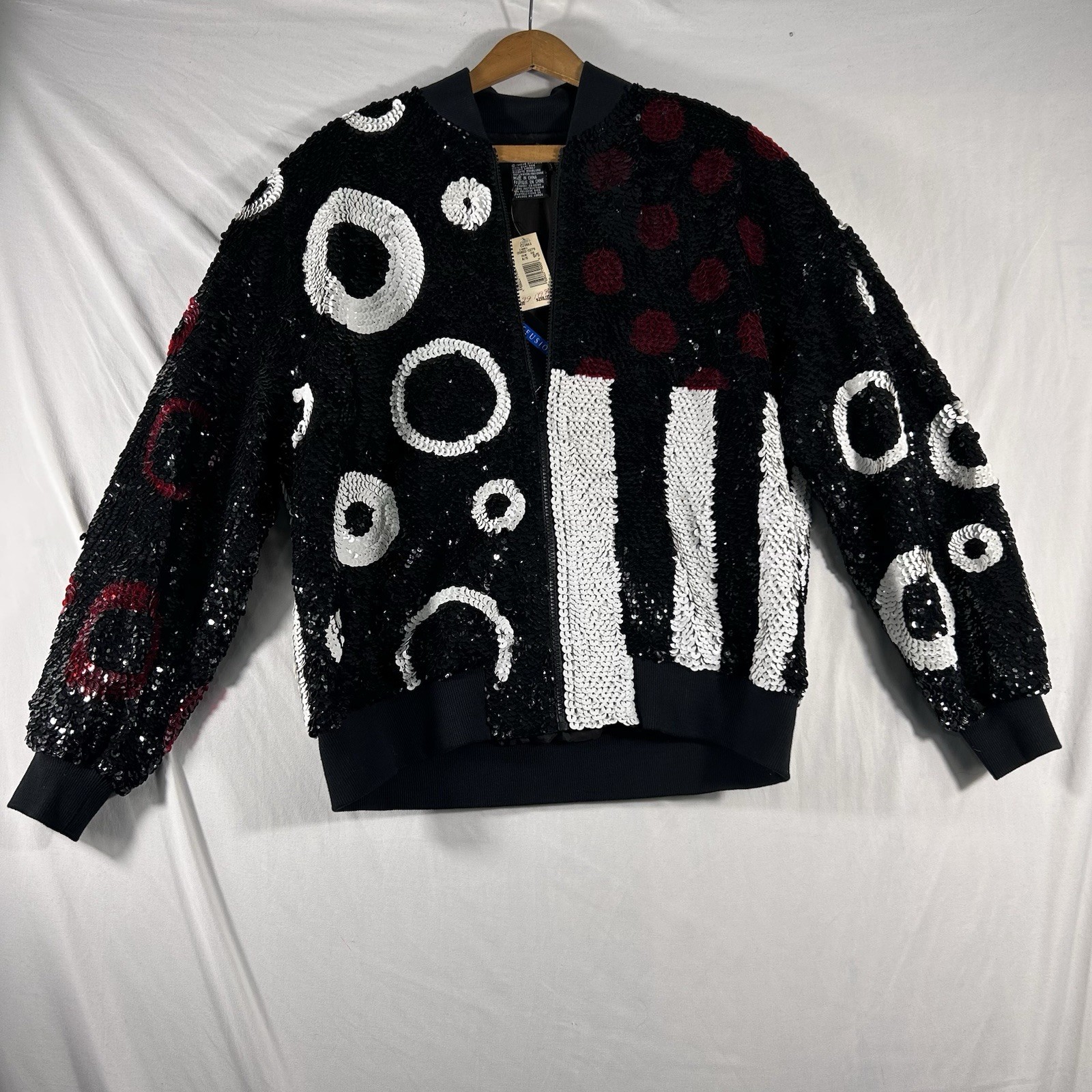 Women’s Full Sequin Silk Bomber Jacket Geometric 90’s Y2K SZ 8 Retro Statement