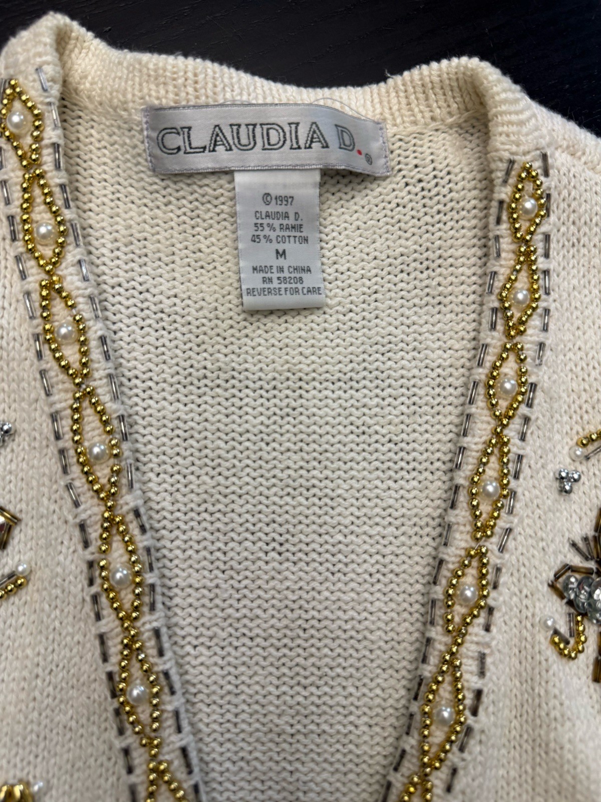 Vintage Claudia D Beaded Sweater Vest Gold Pearl M 90s