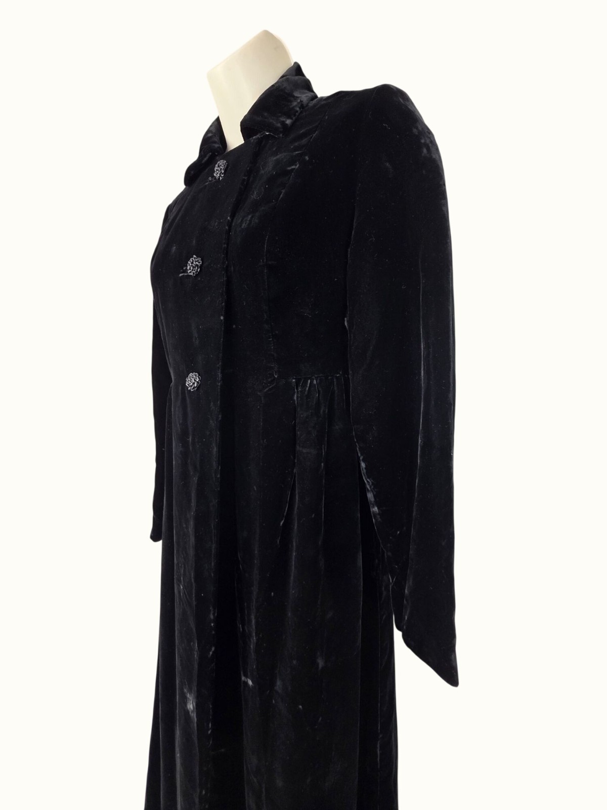 Vintage Marsis California Black Velvet Maxi Opera Coat XS/S Glass Btn Gothic 70s
