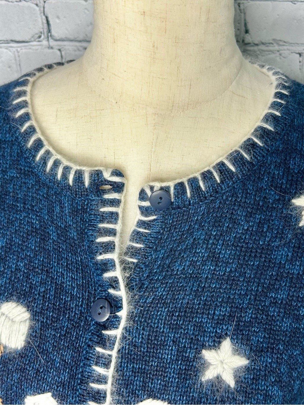 Grandma Eclectic Snowman Vintage Cardigan Navy Blue Knit Button Front