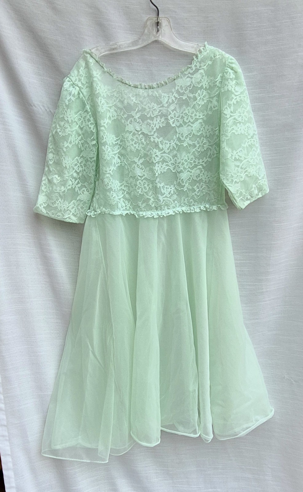Vtg Lt Green Double Chiffon Lace Dressing Gown Peignoir Robe Vanity Fair 32 (6)