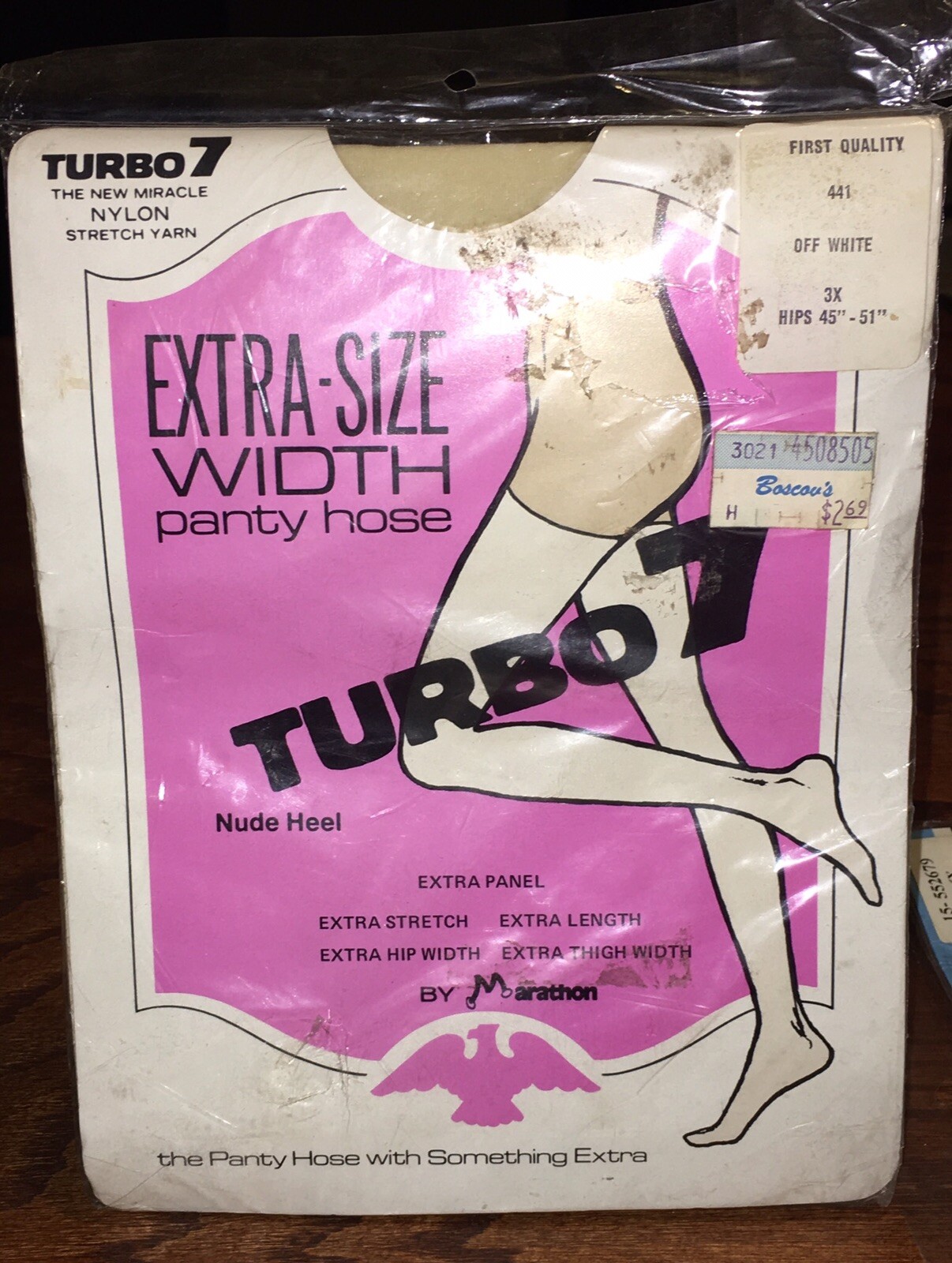 Vtg TURBO 7 Extra-Size Width Panty Hose Off White 3X 100% Nylon Marathon USA