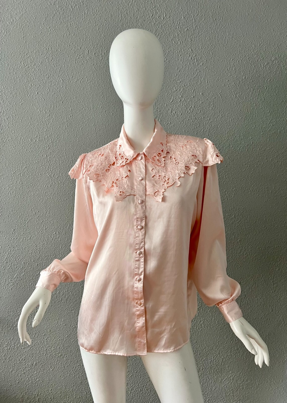 Vintage Light Pink Silky Liquid Satin Button Secretary Blouse Top M