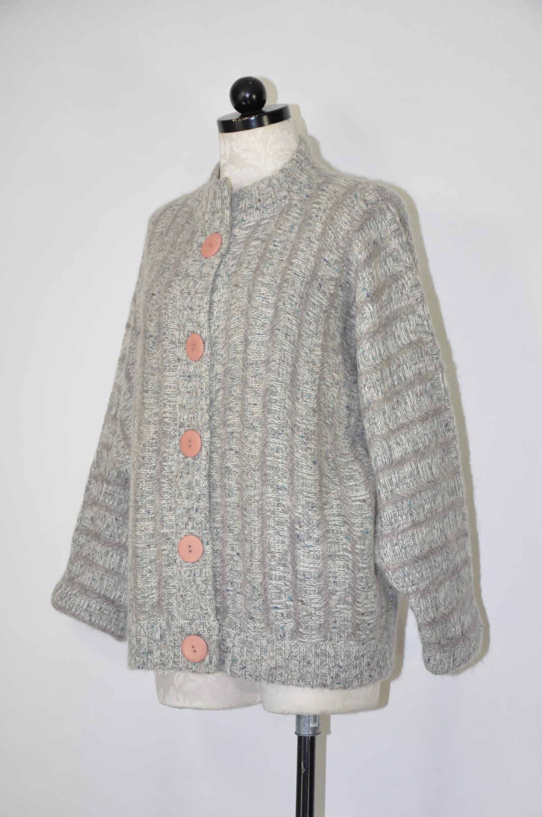 80s Vintage Gray Fuzzy Wool Mohair Buttoned Cardigan Sweater Jacket Women L XL