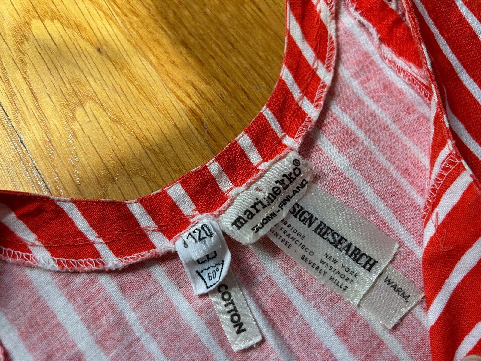 vtg red orange white stripes print Marimekko DRESS piccolo jokapoika shirt – 120