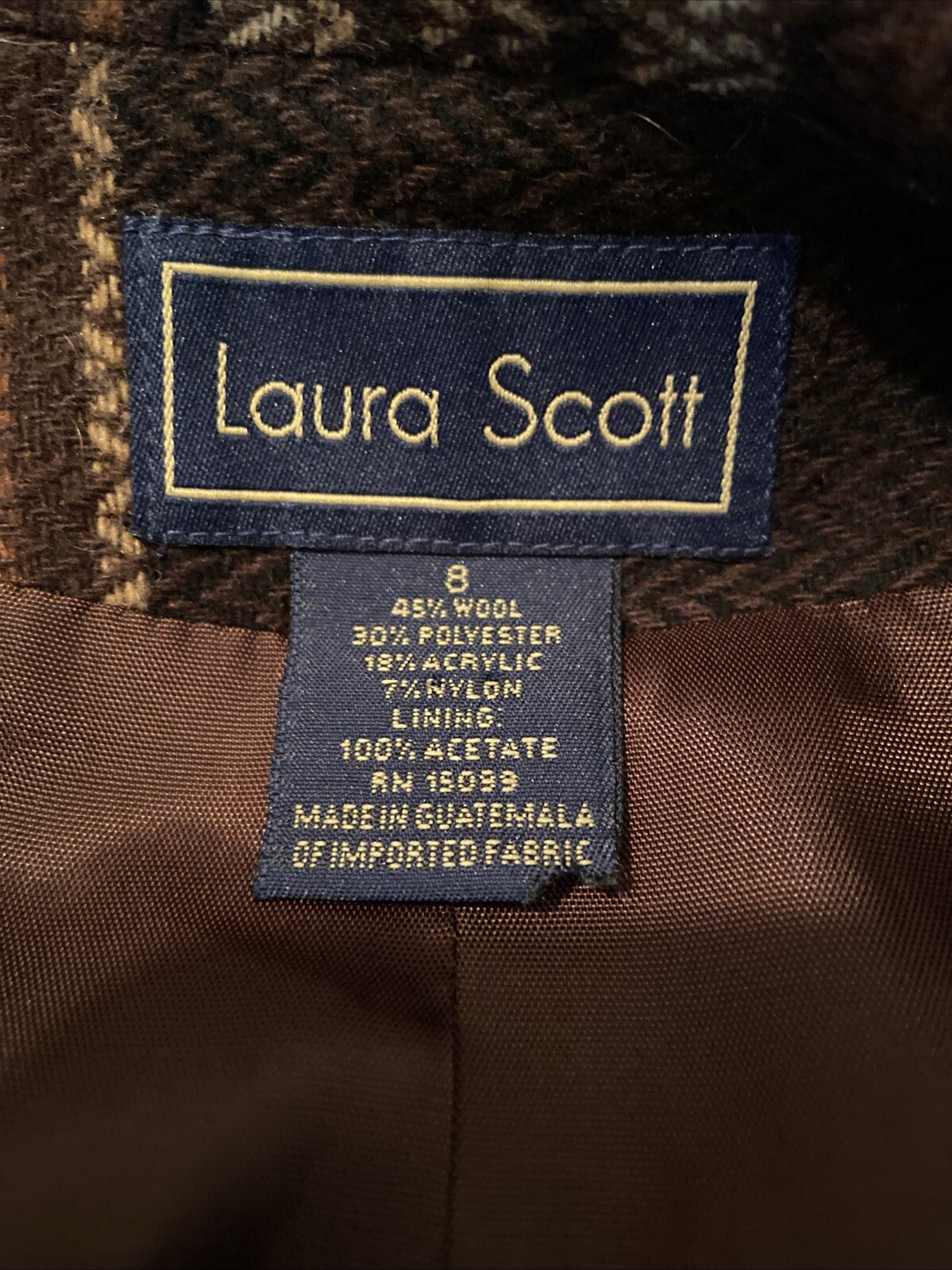LAURA SCOTT Vtg Womens Jacket/ Blazer Brown Plaid Zip front Lined , Pockets Sz 8