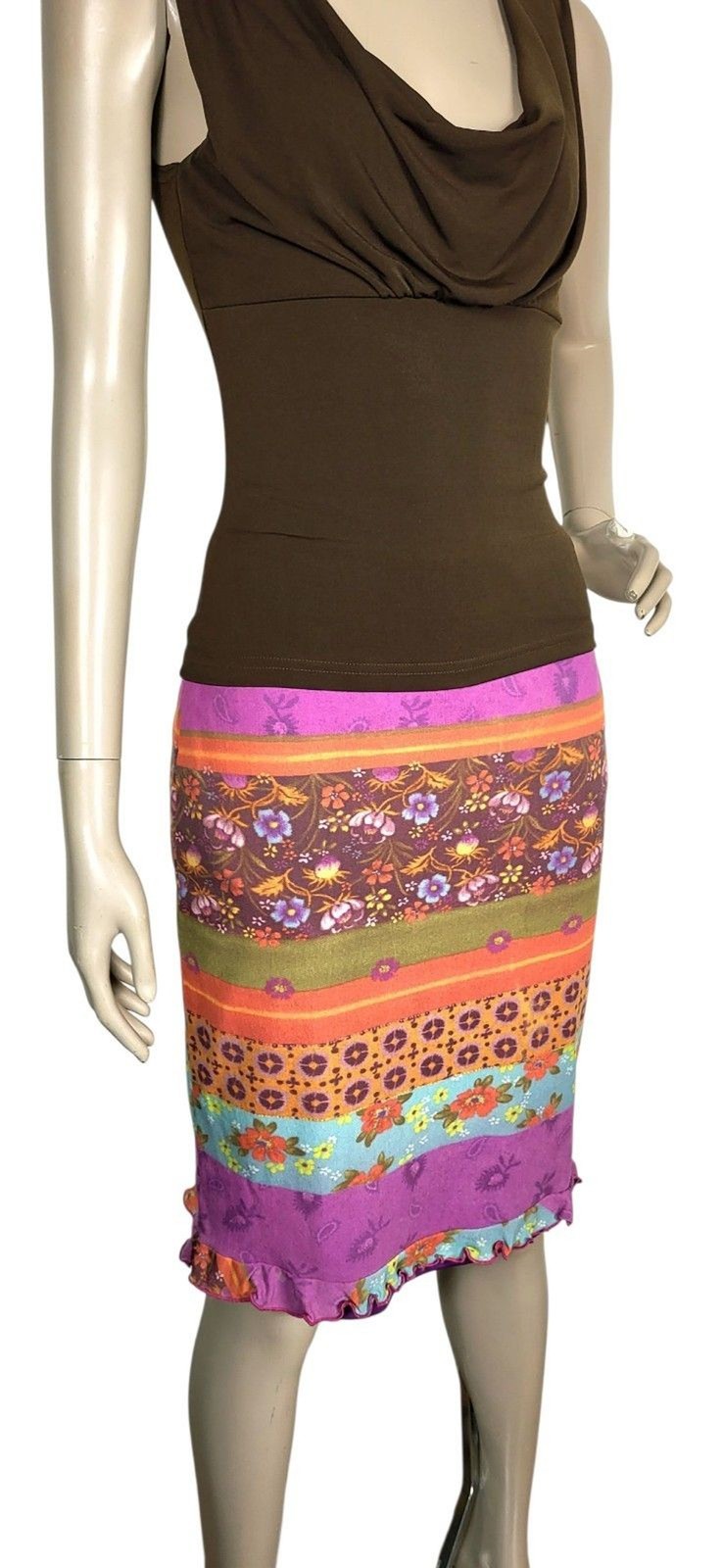 Vintage 90s Y2K Maria Bonita Mixed Media Colorful Ruffle Hem Pencil Skirt S/M