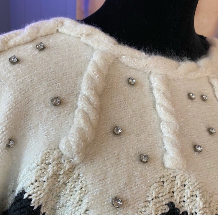 Vintage 80s Cream And Black Angora Lambs Wool Batwing Sweater