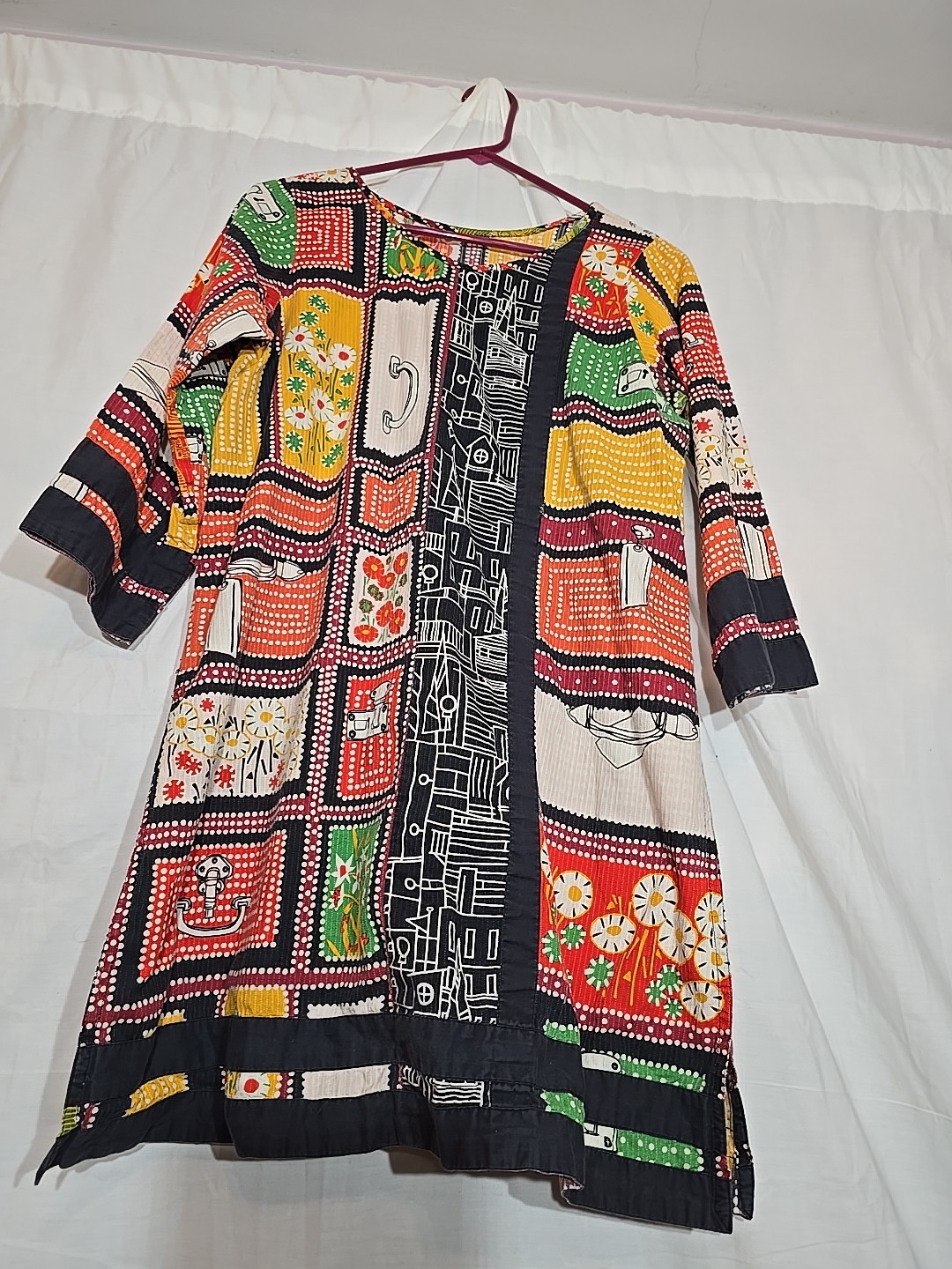 Vtg 70’s Hippie Op Art Geometric Abstract Floral Prints Mini Dress size Medium