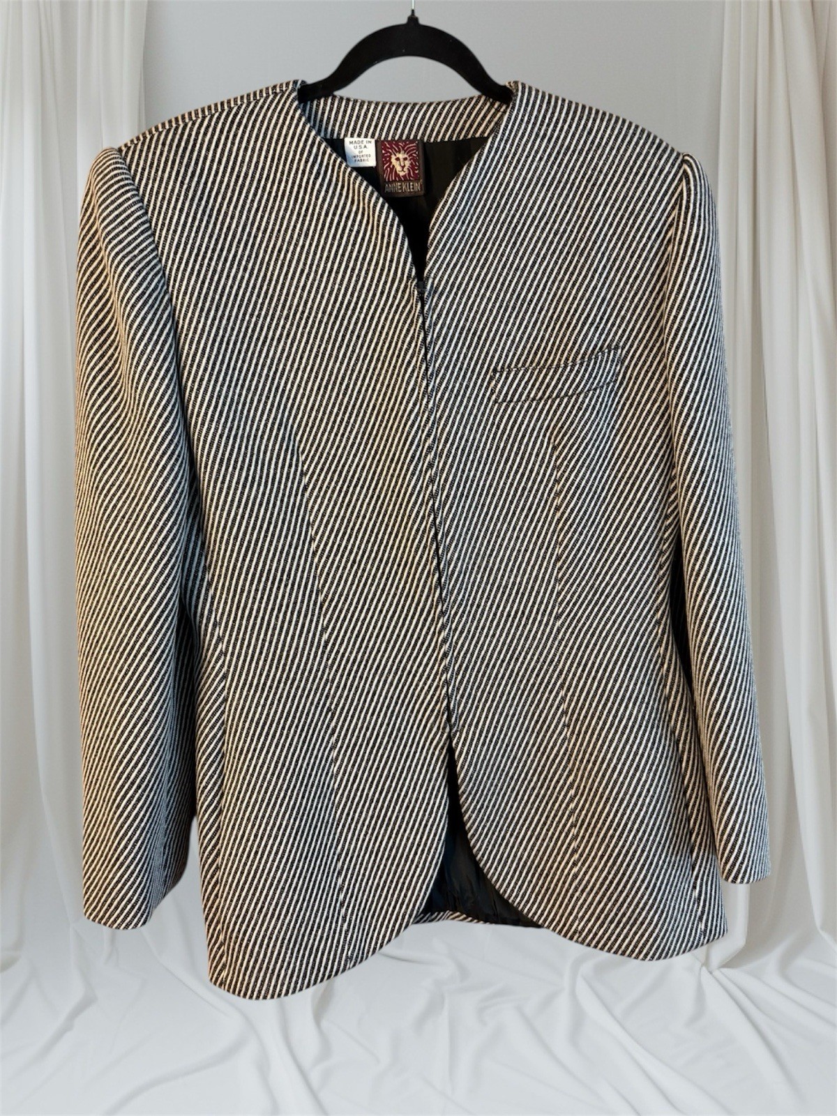 Vintage 80’s Anne Klein Black and Gray Striped Wool Cashmere Blazer Zip Up Sz 10