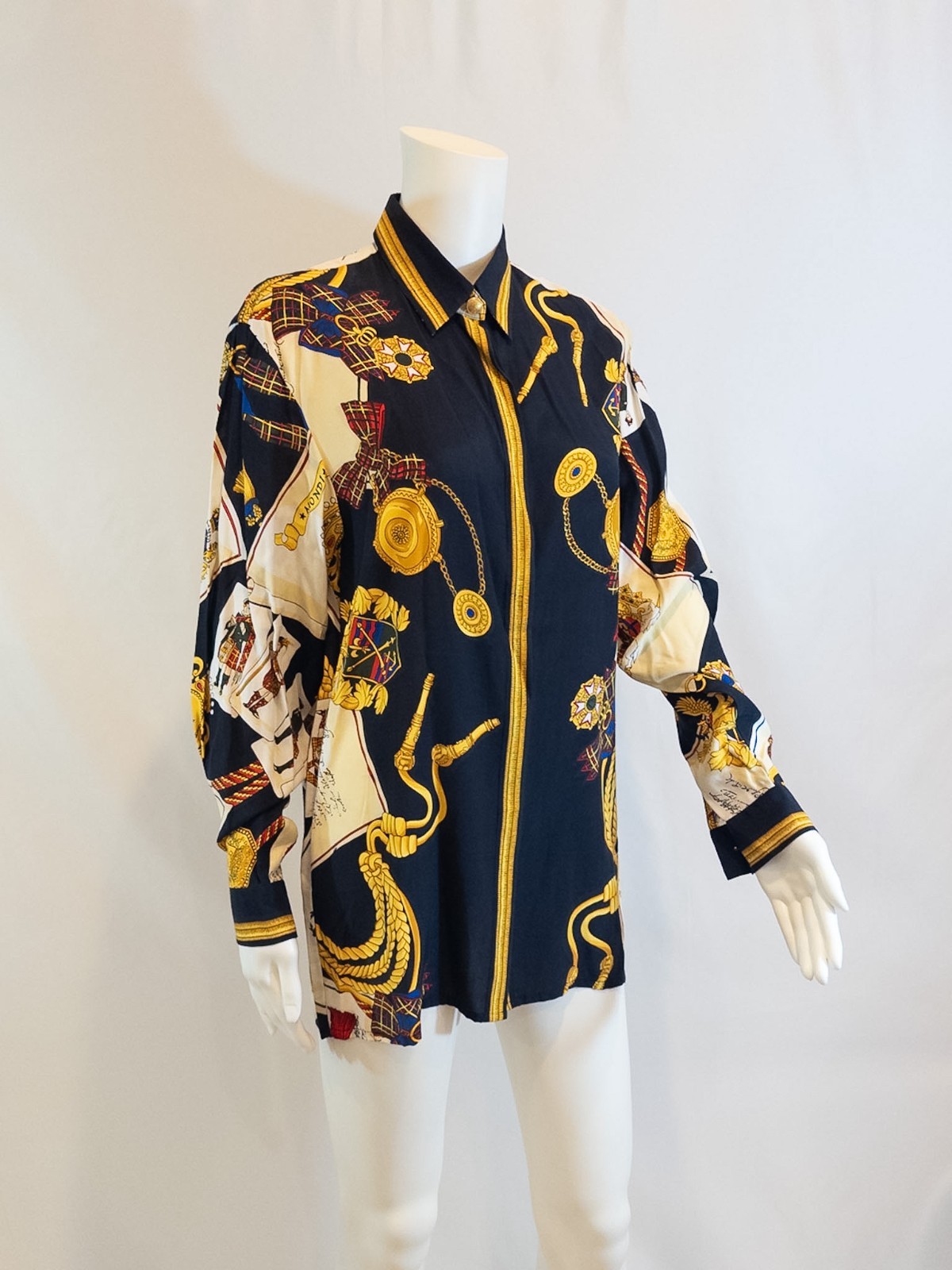 Vintage Mondi Scottish Themed Black and Gold Blouse – Large