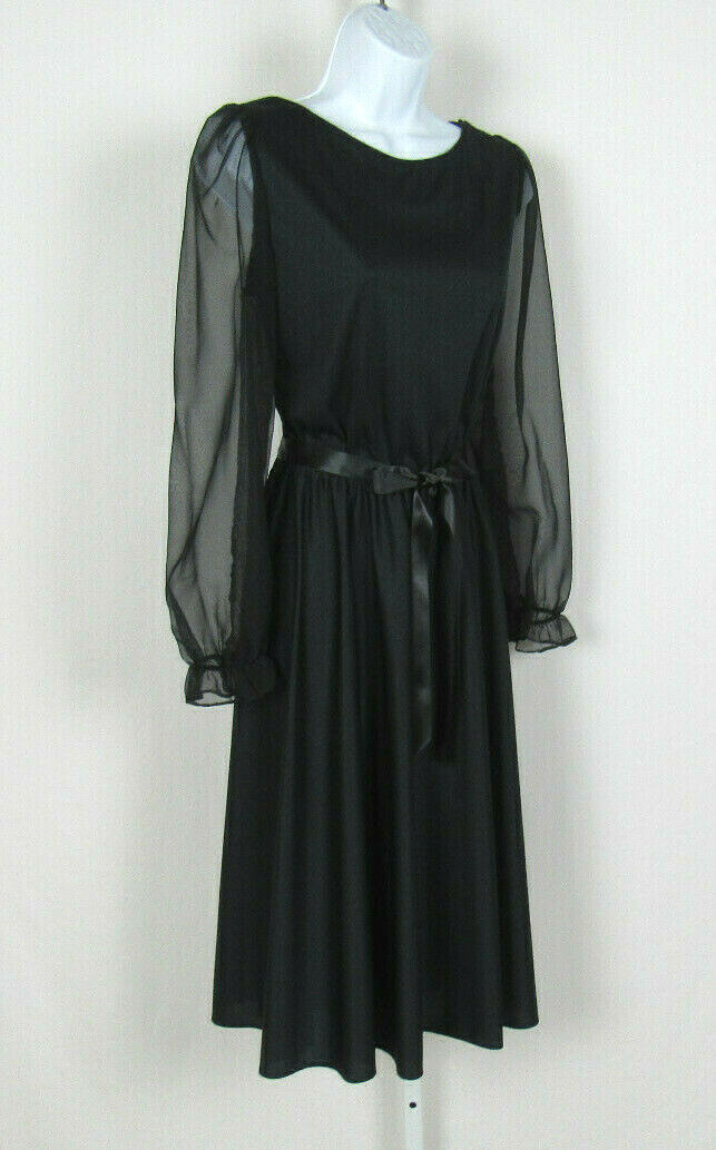 VTG 1960s GEORGE ORIGINALS BLACK DRESS SIZE 12 POLY CHIFFON ARMS RIBBON BELT