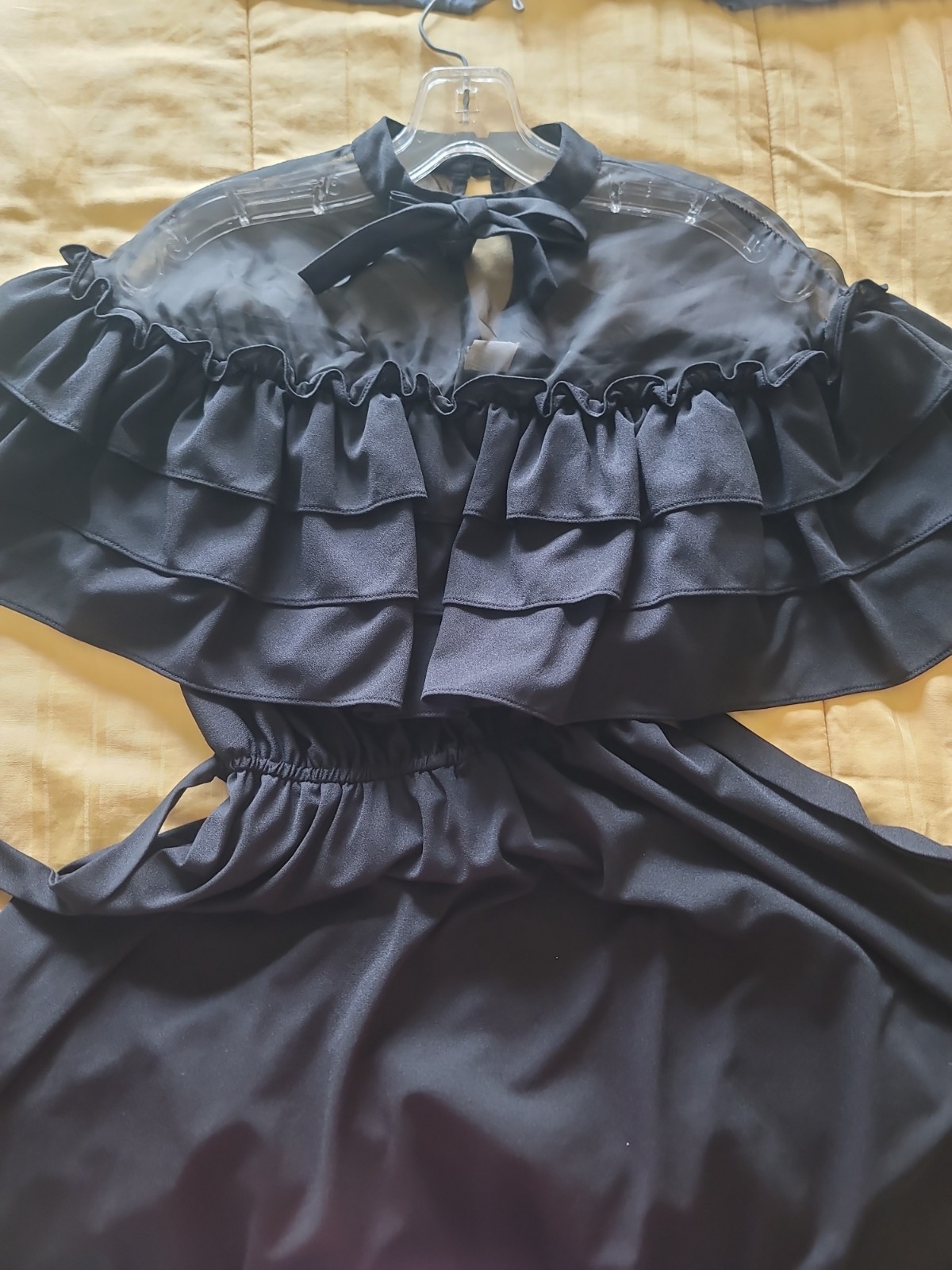 vintage 70s Black Dress Ruffle Bodice