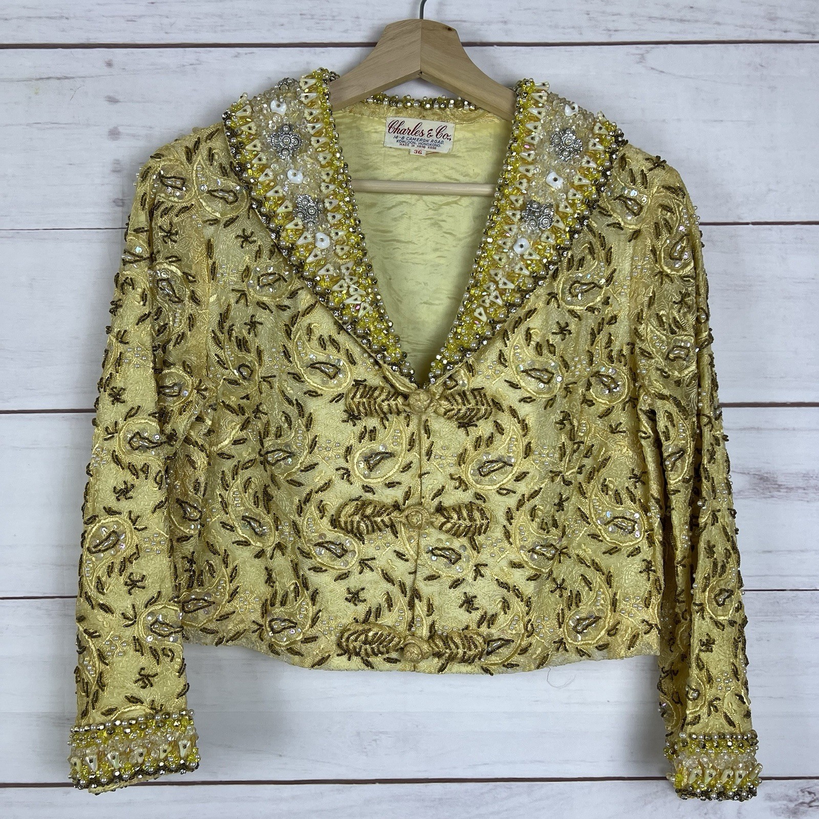 Vintage 50s 60s Charles & Co. Gold Beaded Dress and Jacket Both Size 36