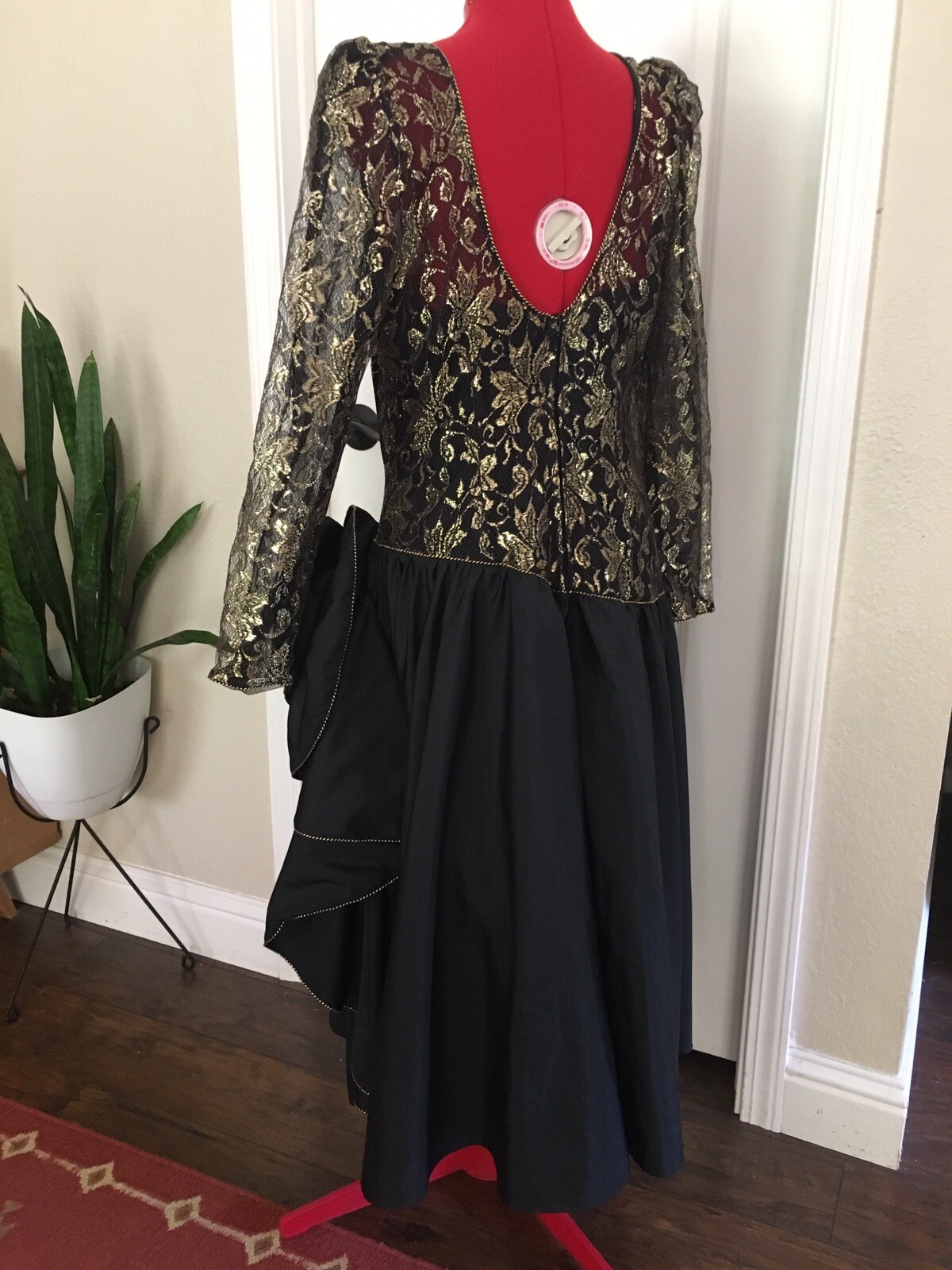 1980s 1990s Party Samir Antonio Ruspoll Dress Black Gold Sz 14 Lace flamenco