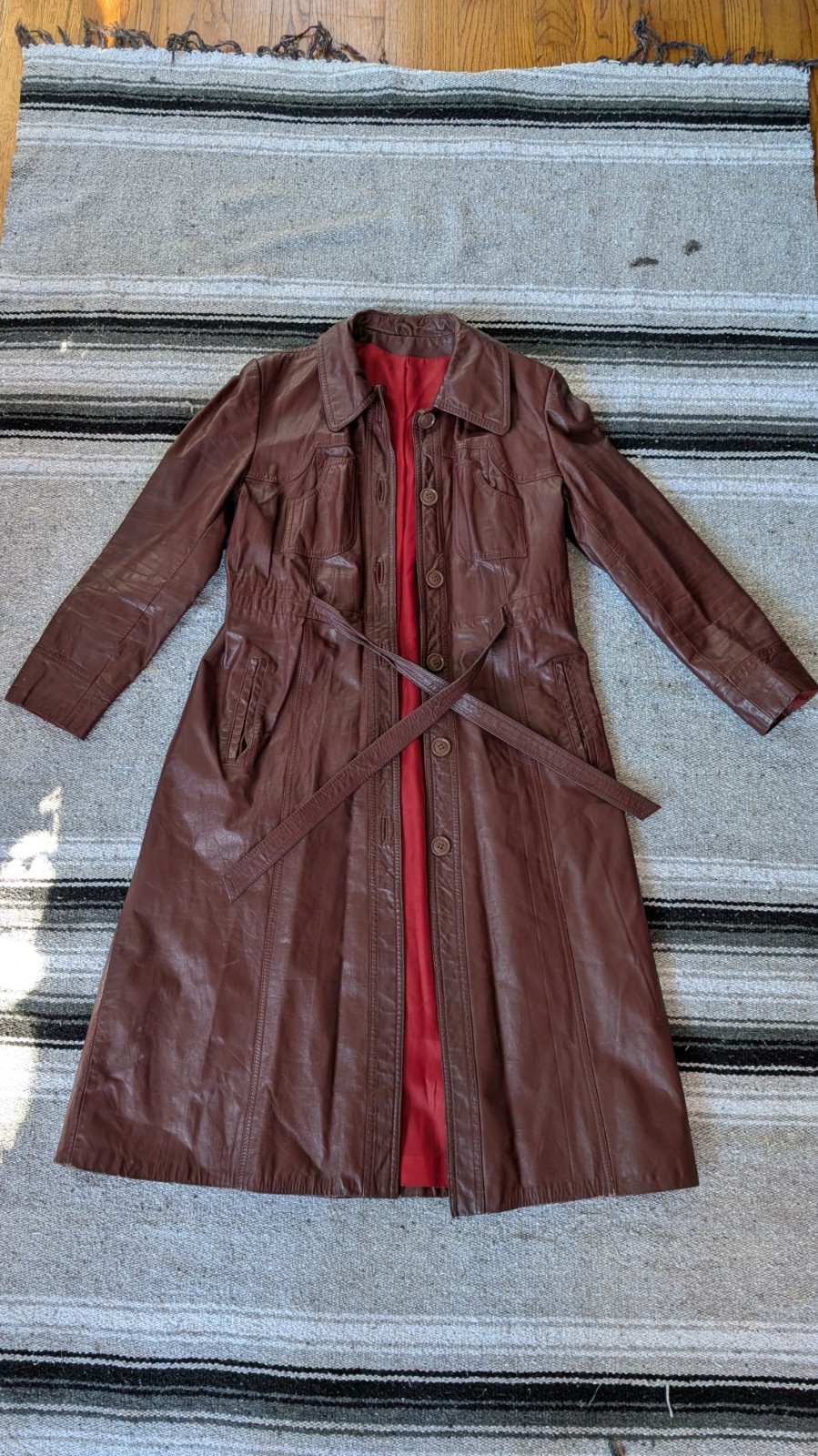 Vintage 70s Ox Blood Genuine Leather Belted Trench Coat Jacket Long Boho