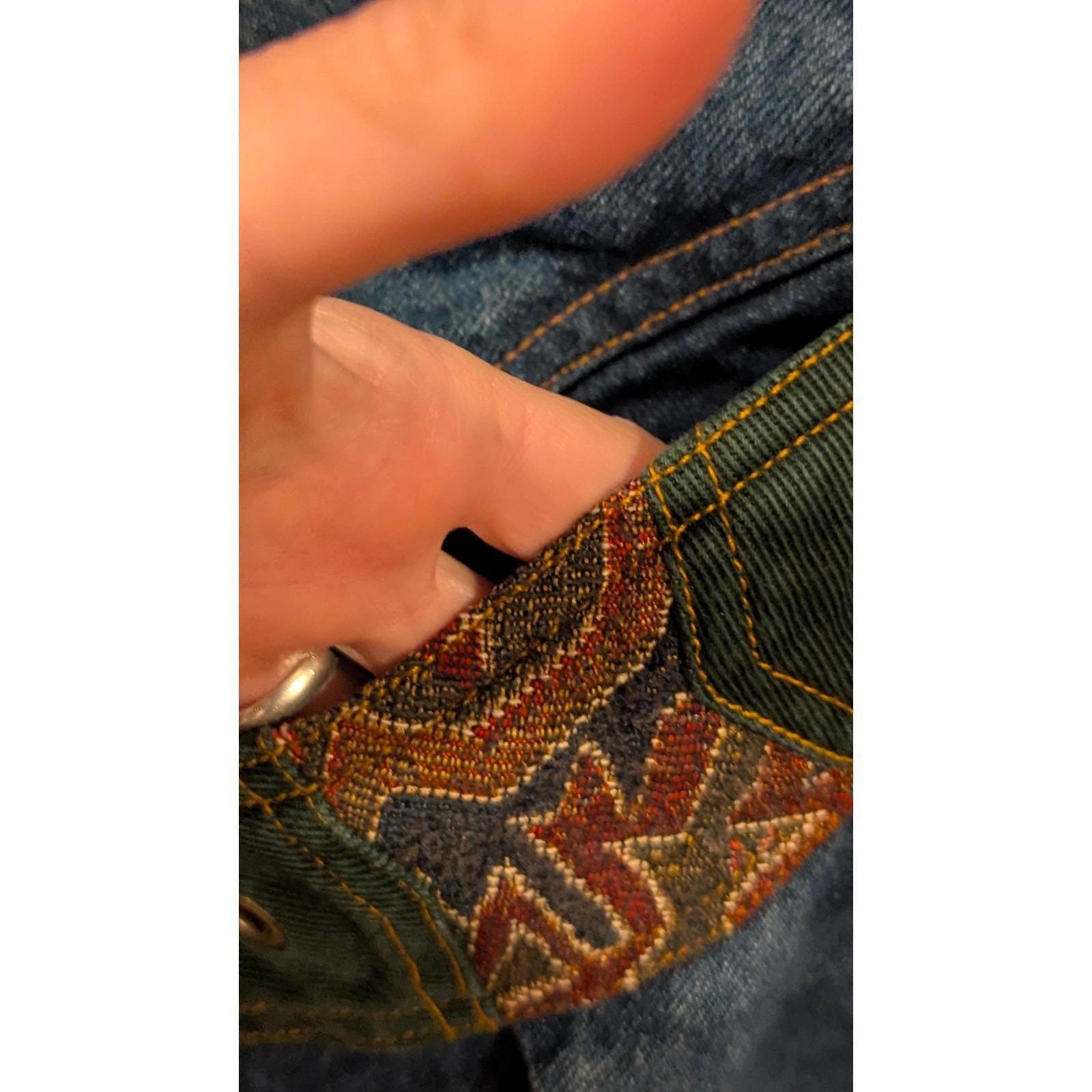 Two Twenty Denim Jacket Aztec Print Lined Snap Front Quilted Coat Vintage 90s