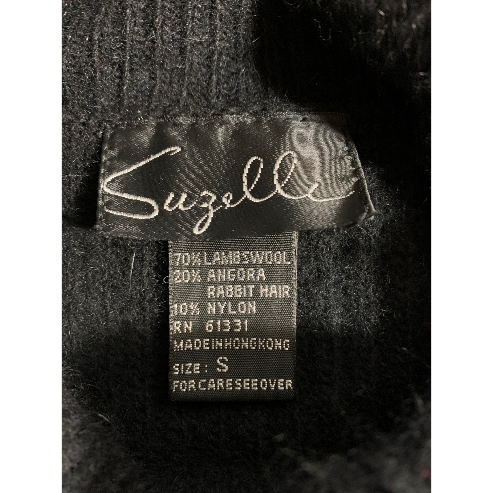 Vintage 80’s Lambswool Angora Batwing Black Sweater Leather Lion Appliqué Small