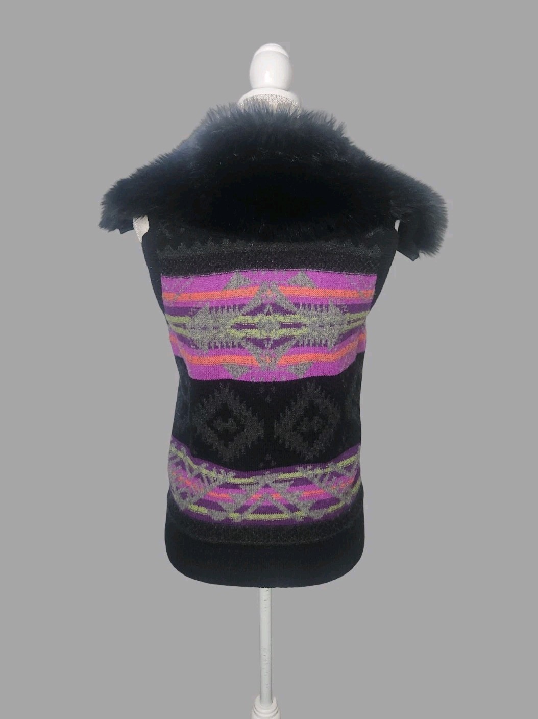 Vintage Ralph Lauren Active Medium Southwest Fair Isle Lambswool Faux Fur Vest