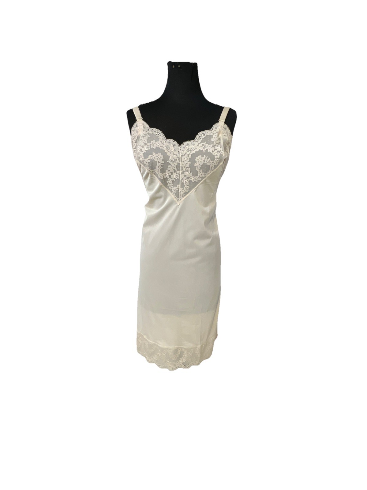 Vtg KOMAR Size 38 Average Tan Satin Nylon Slip Dress Wide Lace Trim Lined Y2K