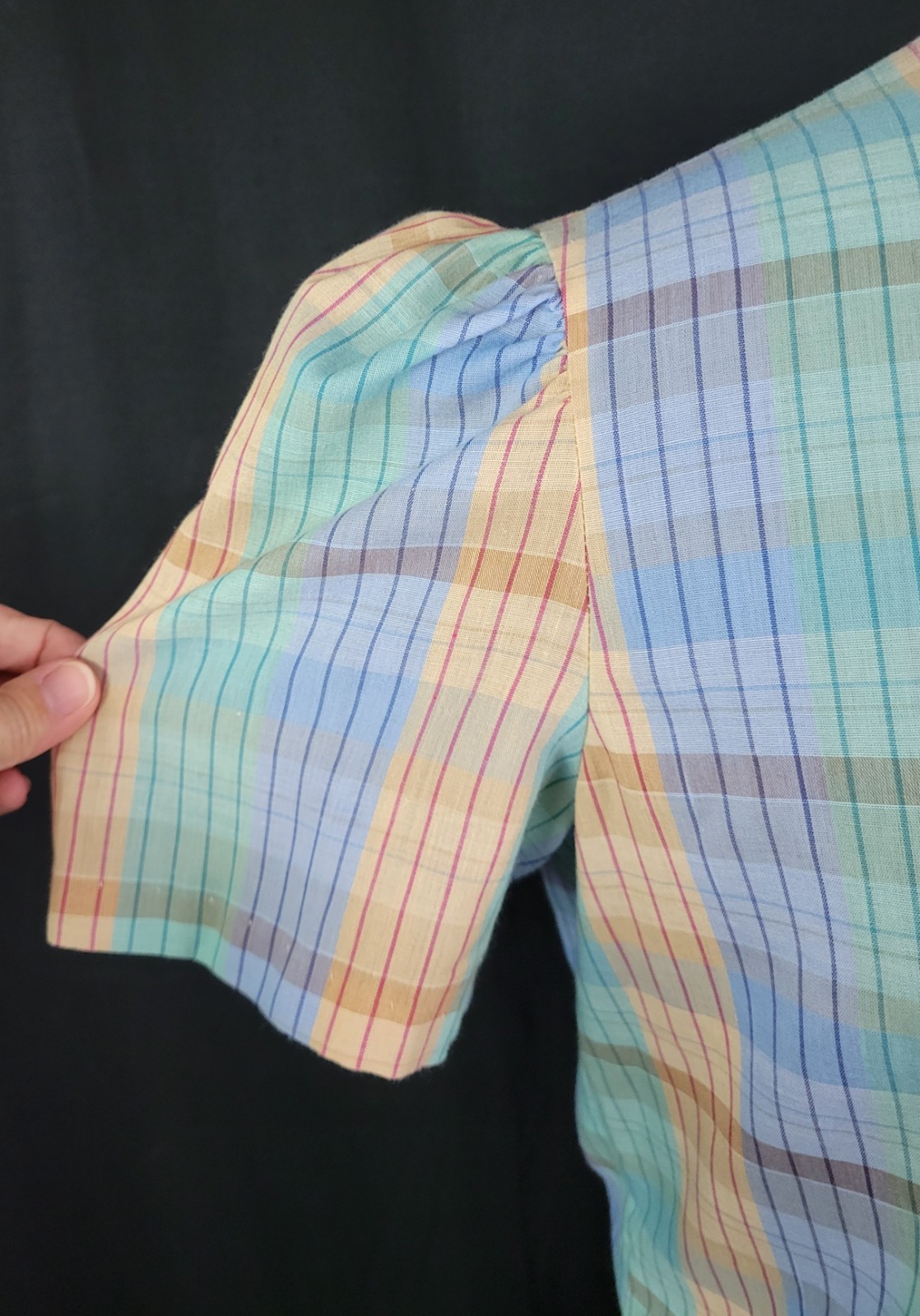 Vtg Lucky Winner Peach/Mint/Blue Plaid Top w Ruffled Collar Size 11/12